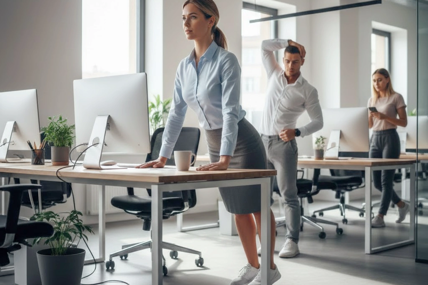 Donna in abbigliamento da ufficio che esegue esercizi di attivazione muscolare alla scrivania durante il lavoro