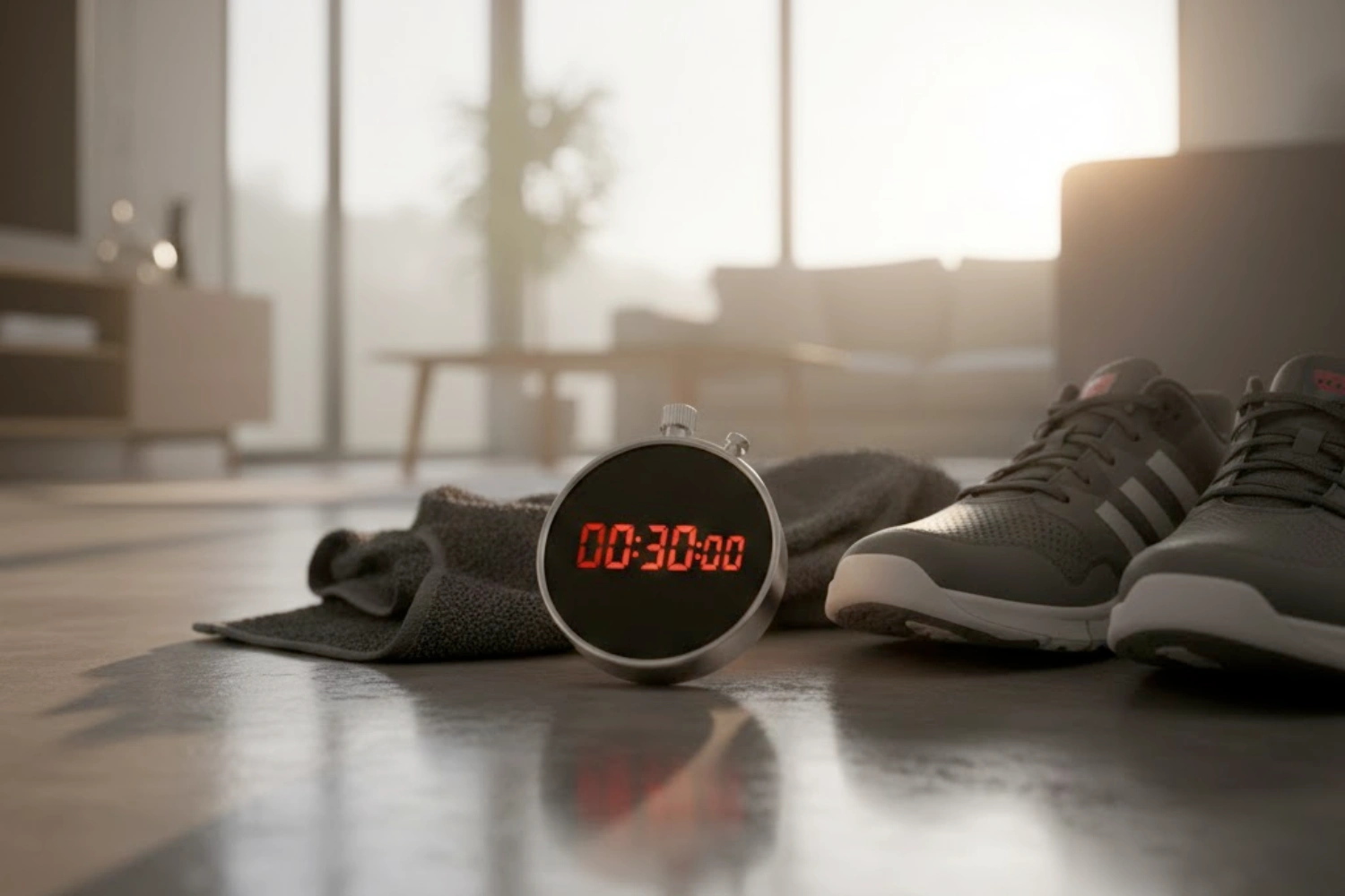 Cronometro digitale poggiato su un pavimento moderno accanto a un paio di scarpe da training e un asciugamano, con un ambiente domestico sfocato sullo sfondo.